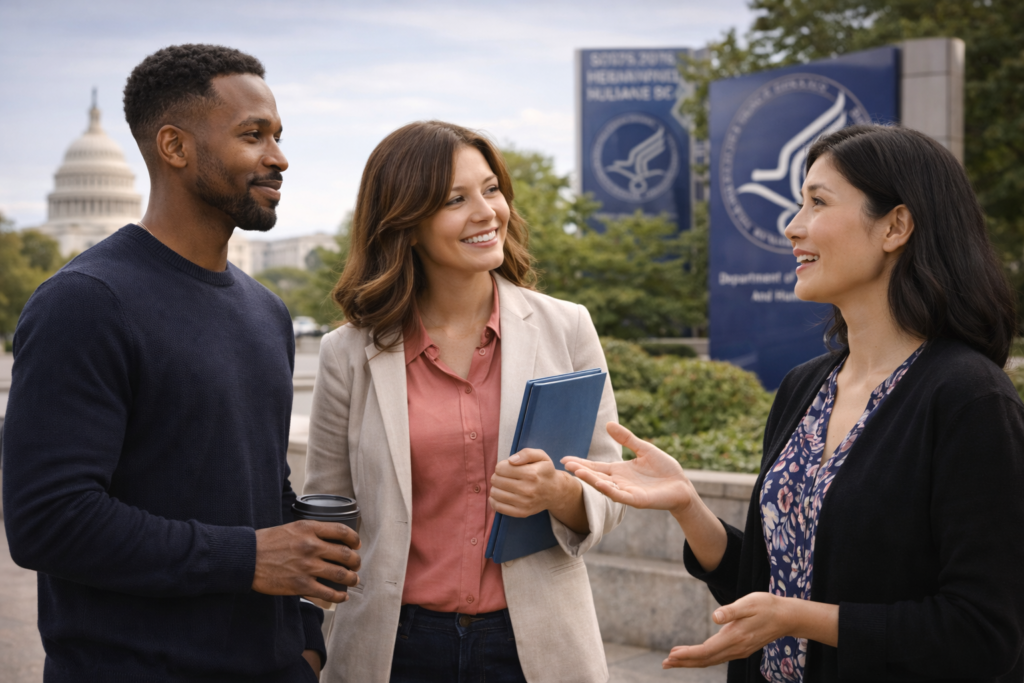 Three people happily converse outdoors near a federal building with a dome. Two women hold a tablet and notepad; one man holds a coffee cup.