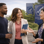 Three people happily converse outdoors near a federal building with a dome. Two women hold a tablet and notepad; one man holds a coffee cup.