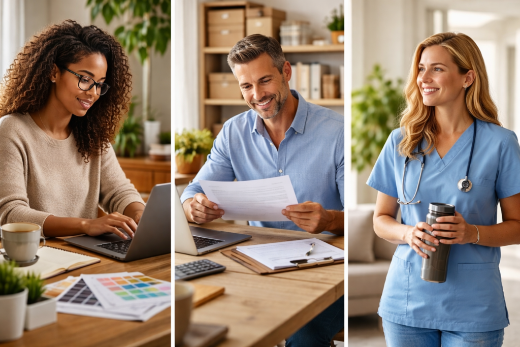 A three-panel image shows professionals: a woman at a laptop, a man reading documents, and a nurse with a stethoscope and a coffee cup, all smiling.
