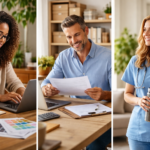 A three-panel image shows professionals: a woman at a laptop, a man reading documents, and a nurse with a stethoscope and a coffee cup, all smiling.