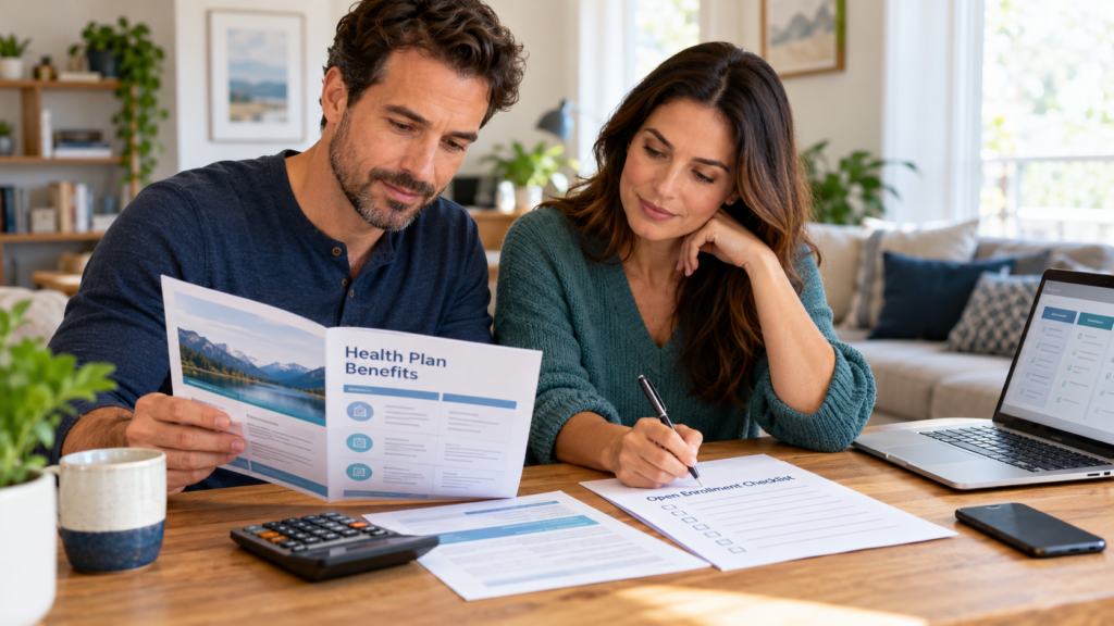 Couple reviewing a health insurance brochure and completing an open enrollment checklist at home.