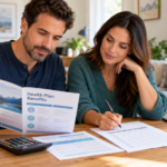 Couple reviewing a health insurance brochure and completing an open enrollment checklist at home.