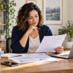 Woman reviewing health insurance paperwork beside a laptop and moving box in her home office.