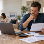 Parent reviewing health insurance paperwork and household costs at home, with family in the background.